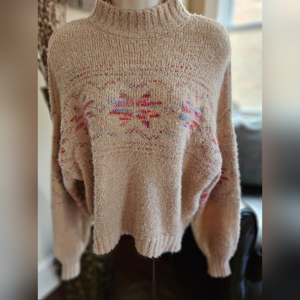 MM Cozy Tan Sweater with Colorful Pattern